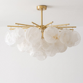 Filling the frame on a plain white background, this brass Clérachic chandelier's alabaster discs cluster into one dense mass.