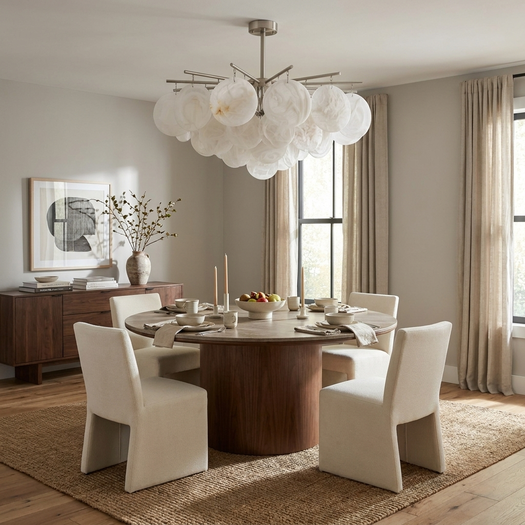 This nickel Clérachic chandelier hangs above a round wood dining table circled by cream upholstered chairs.