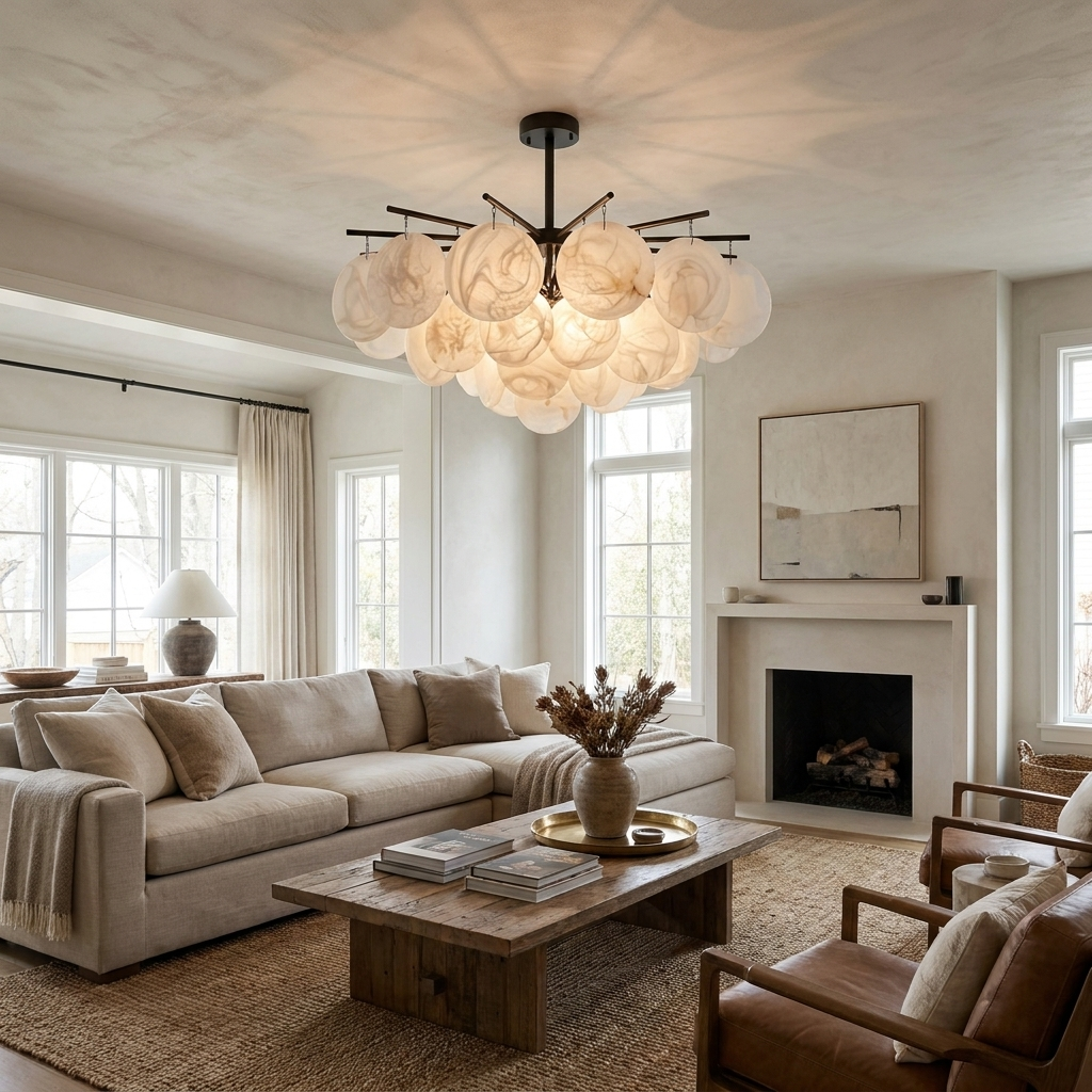 A black Clérachic chandelier glows above a living room with a stone fireplace and a pair of leather armchairs.