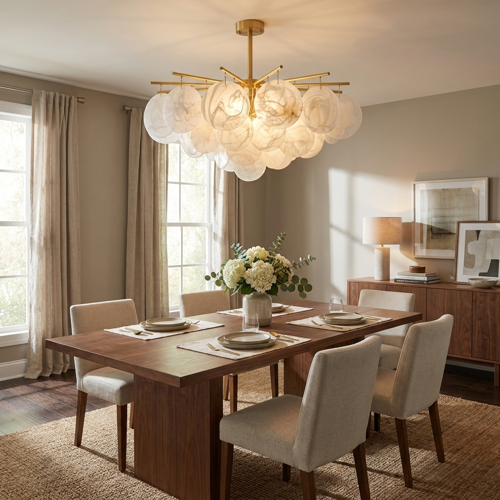 White flowers sit on a dining table beneath this brass Clérachic chandelier, glowing warm in a sunlit room.
