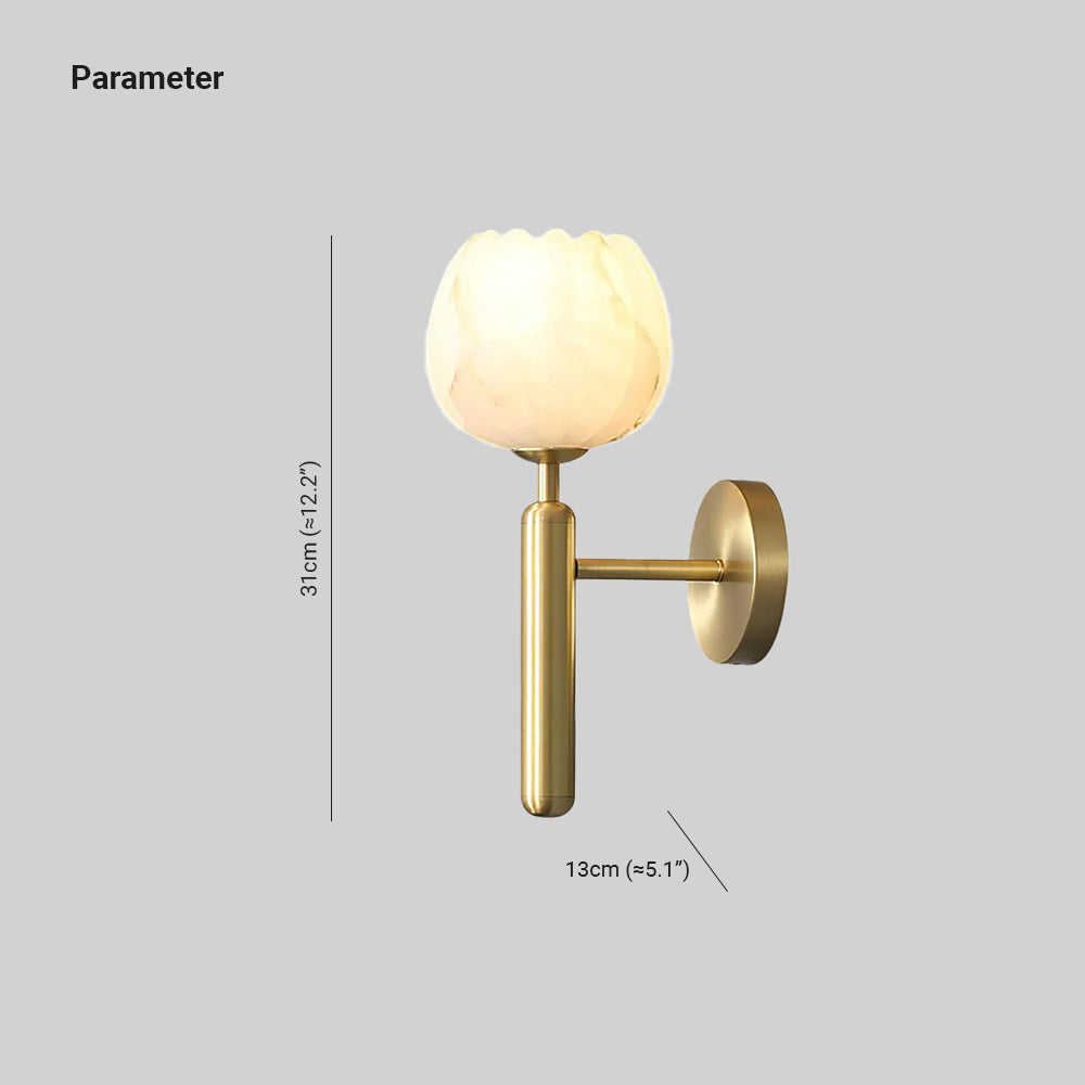 Dimension drawing for the alabaster flower wall sconce showing 31 cm (12.2 in) tall and 13 cm (5.1 in) across.