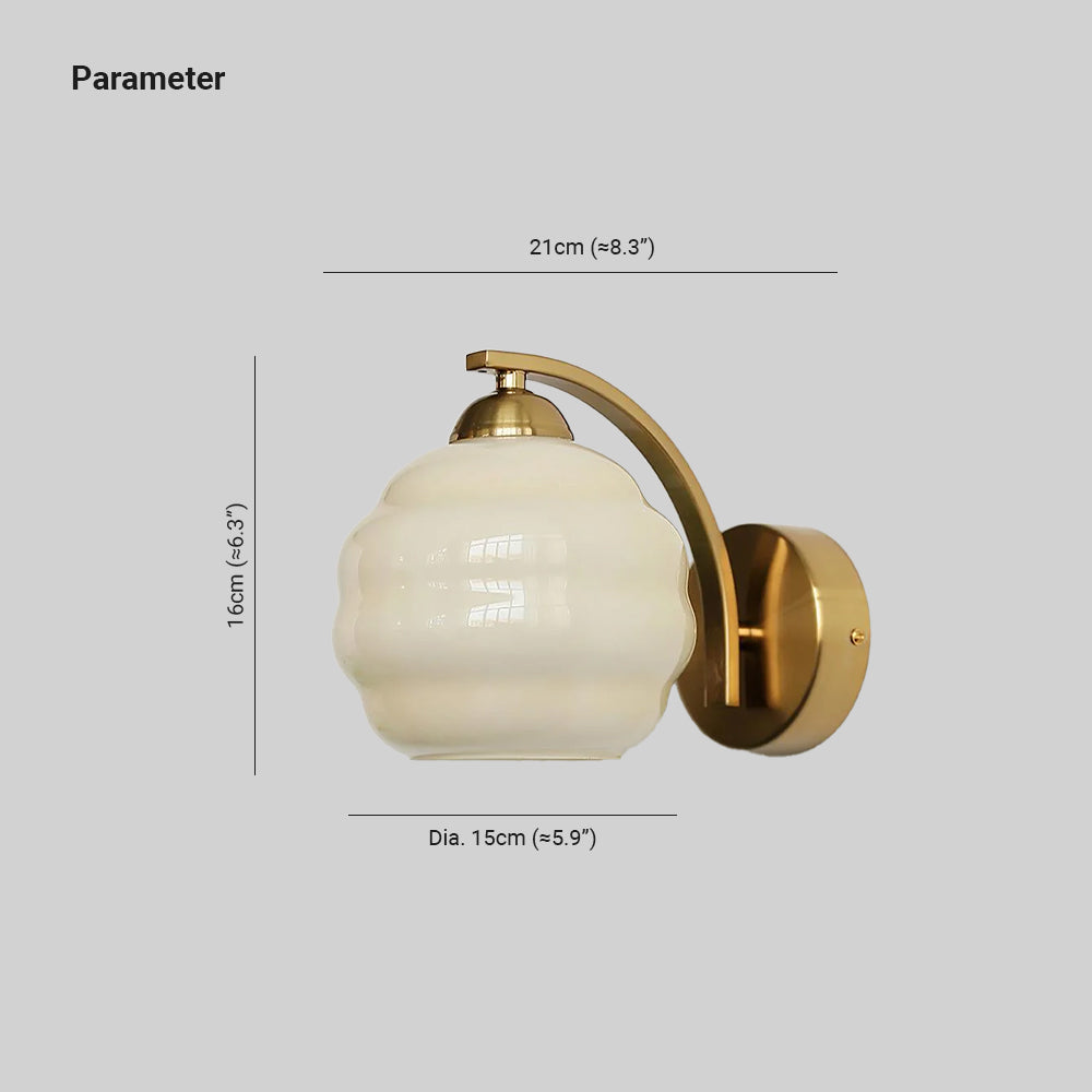 Dimension drawing for the Clérachic glass wall sconce: 21cm (≈8.3″) deep, 16cm (≈6.3″) high, Dia. 15cm (≈5.9″).