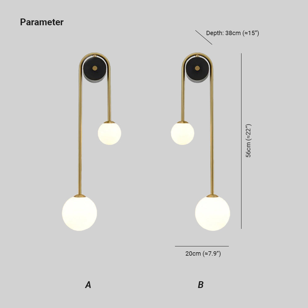 Dimension drawing of the Clérachic arched brass wall sconce in both mirrors: 56 cm (22″) tall, 20 cm (7.9″) wide, 38 cm (15″) deep.