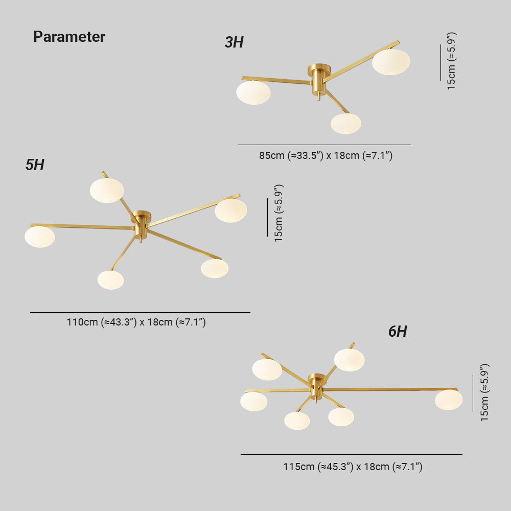 Dimension drawing for the Clérachic Oval Opal Glass Ceiling Light: 3H 85cm (33.5″), 5H 110cm (43.3″), 6H 115cm (45.3″), all 18cm (7.1″) high.