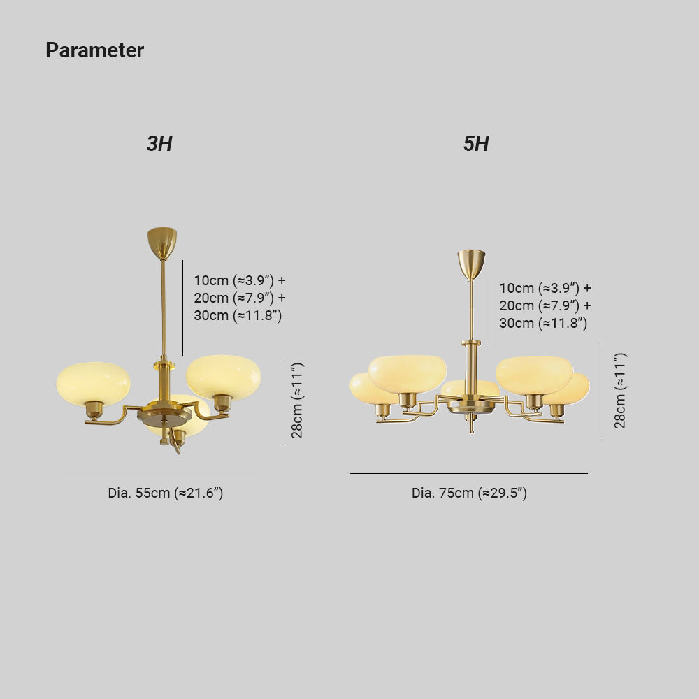 Dimension drawing for the Clérachic chandelier: 3-head 55 cm (21.6 in) wide, 5-head 75 cm (29.5 in), both 28 cm (11 in) tall.