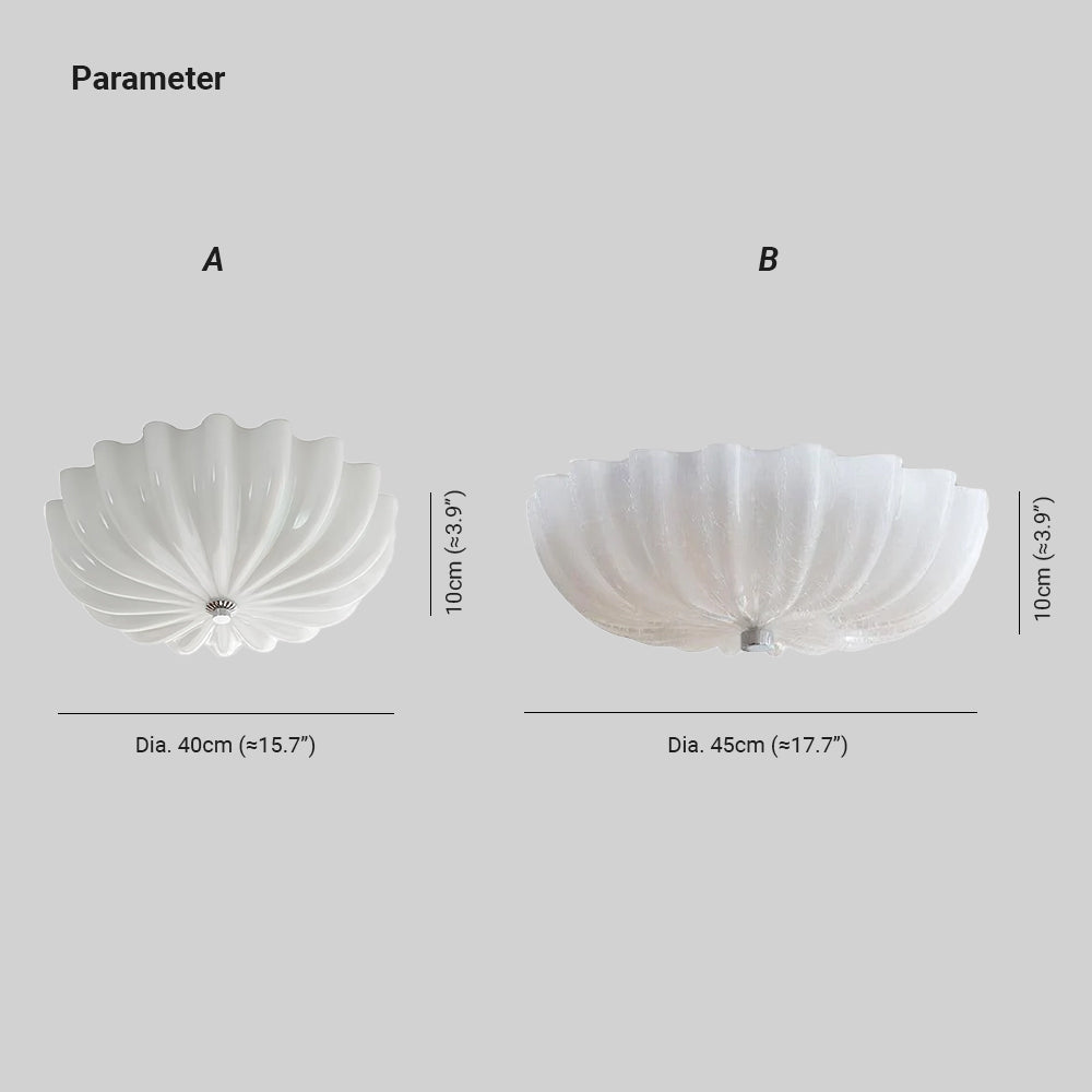 Dimension drawing: Clérachic scalloped flush ceiling light, Model A Dia. 40cm (≈15.7″), Model B Dia. 45cm (≈17.7″), both 10cm (≈3.9″) high.