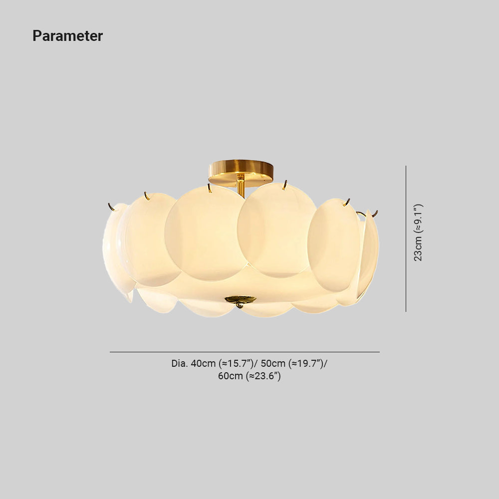 Dimension drawing for the Clérachic overlapping glass disc ceiling light: 40/50/60 cm (≈15.7″/19.7″/23.6″) diameter, 23 cm (≈9.1″) height.