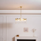 Copper chandelier with clear glass globe shades viewed up close