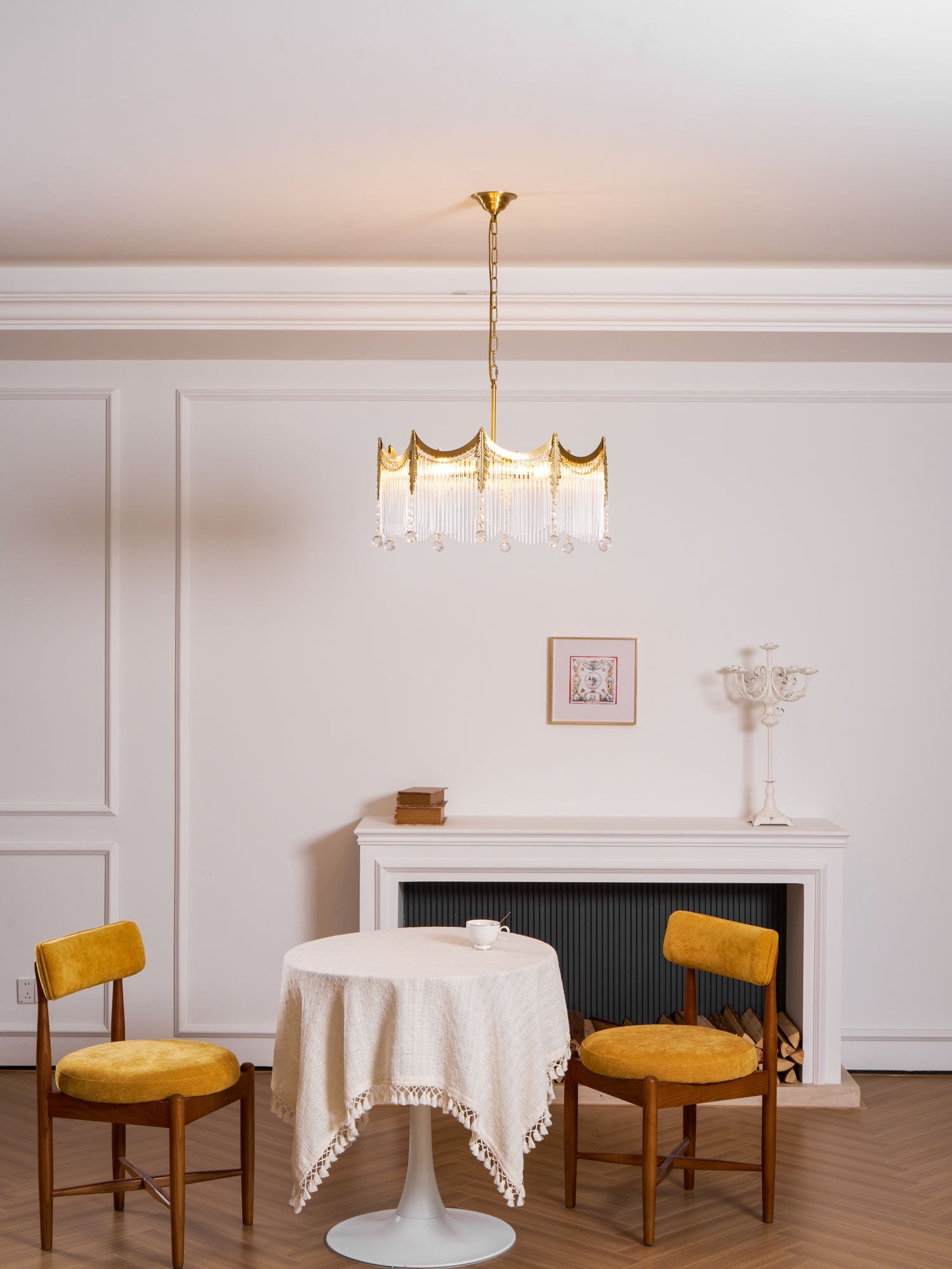 Copper chandelier with clear glass shades shown in an elegant interior