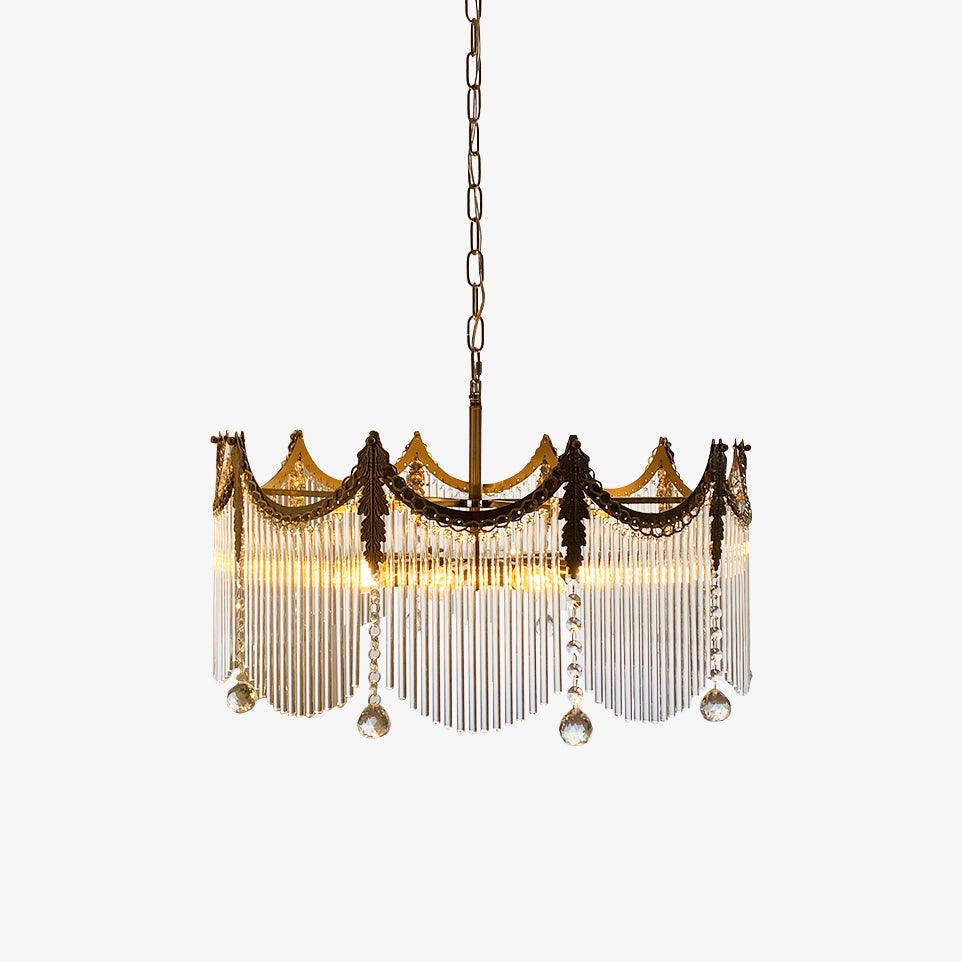 Copper chandelier with clustered clear glass shades viewed from below