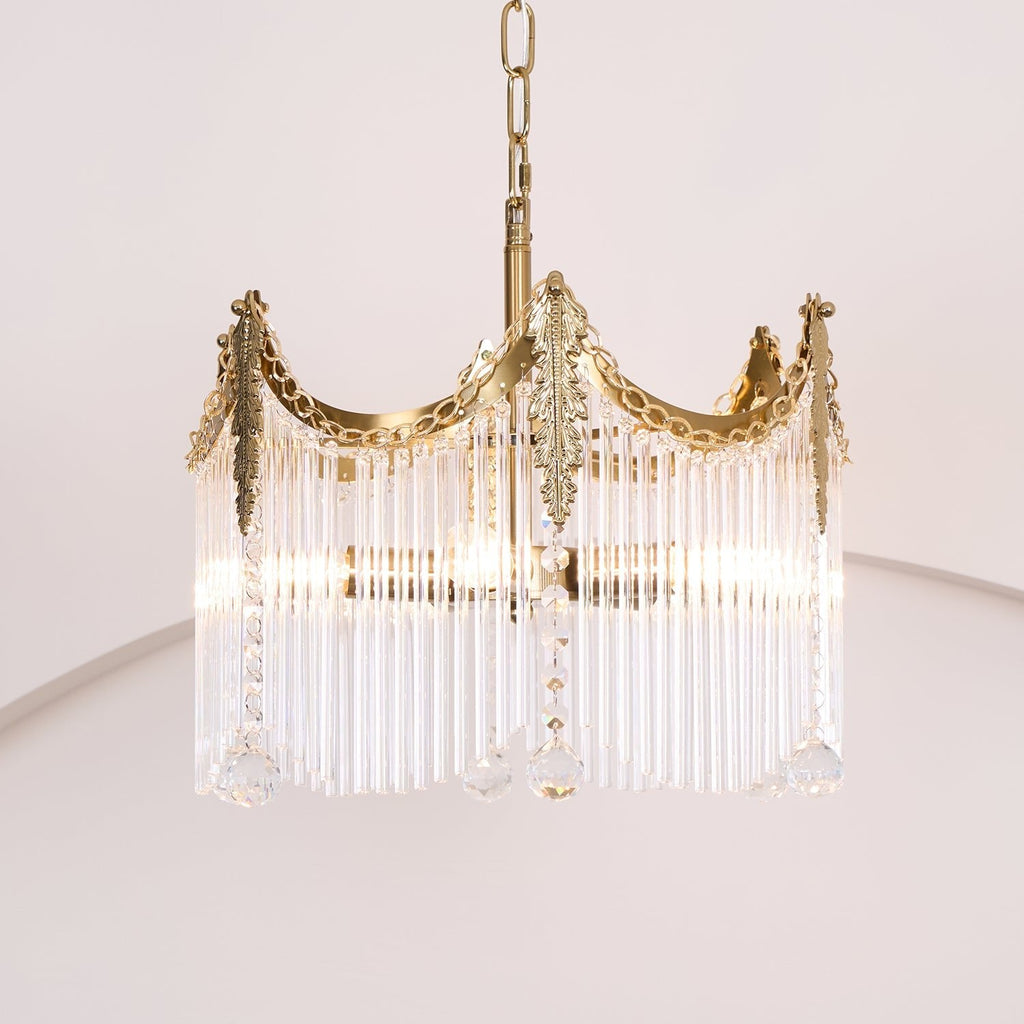 Copper chandelier with clear glass shades highlighting its sculptural form