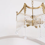 Multi-light copper chandelier with clear glass globe shades from below