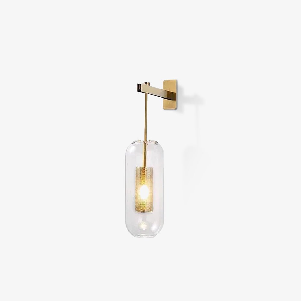Glass wall lamp with metal arm shown in full against a wall