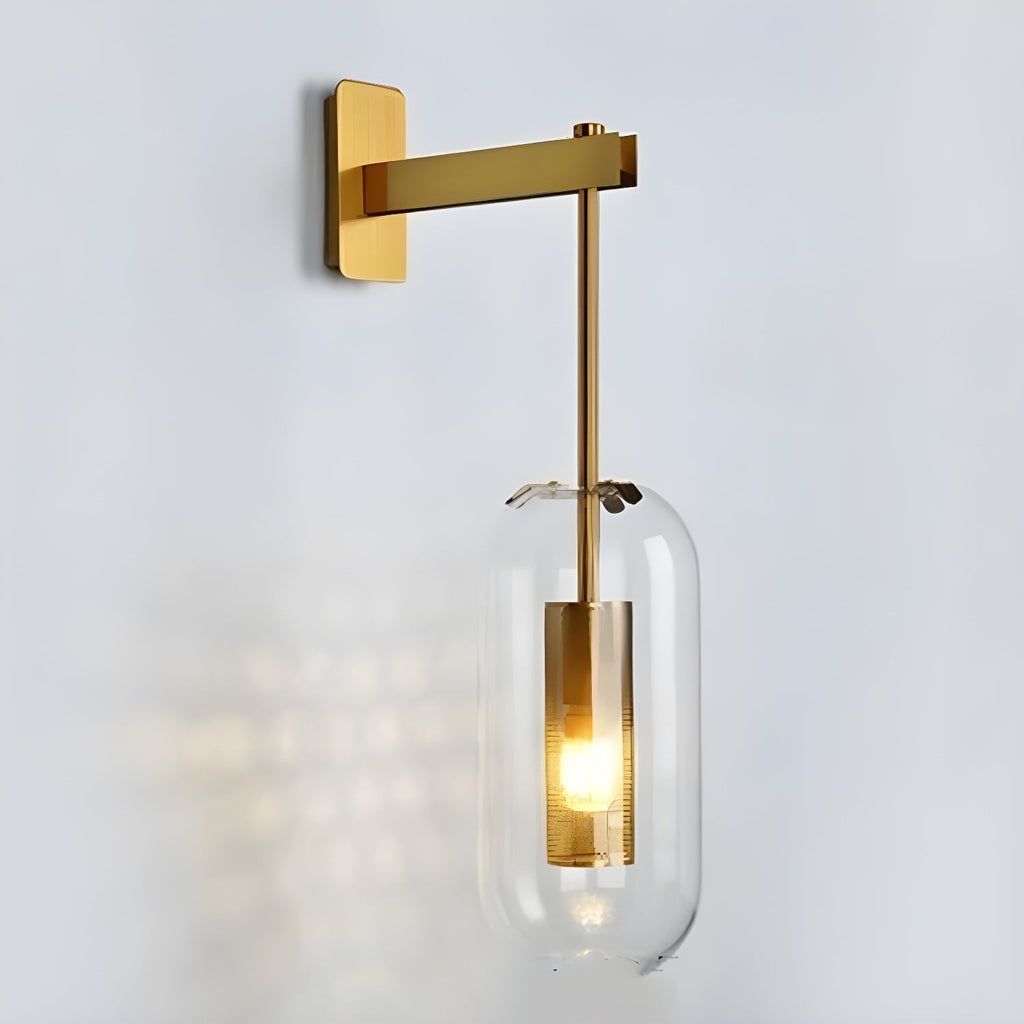 Copper-finish glass wall lamp casting soft light beside a doorway