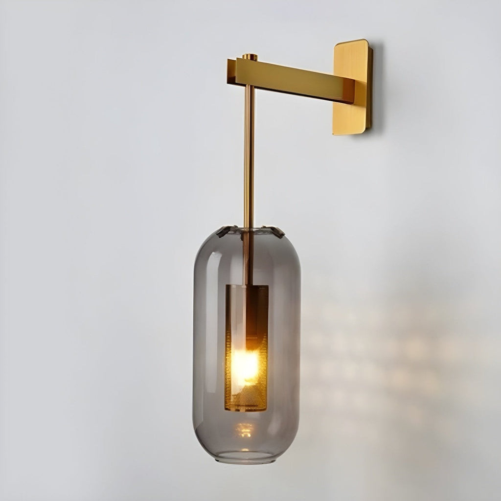 Glass wall lamp with metal arm shown against a neutral interior wall
