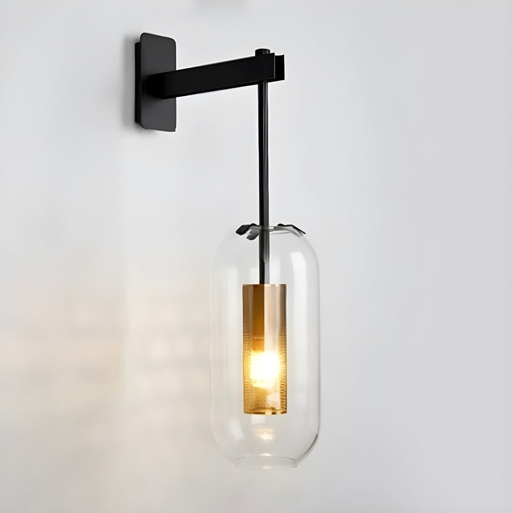 Wall lamp with slim metal arm and glass shade glowing warmly indoors