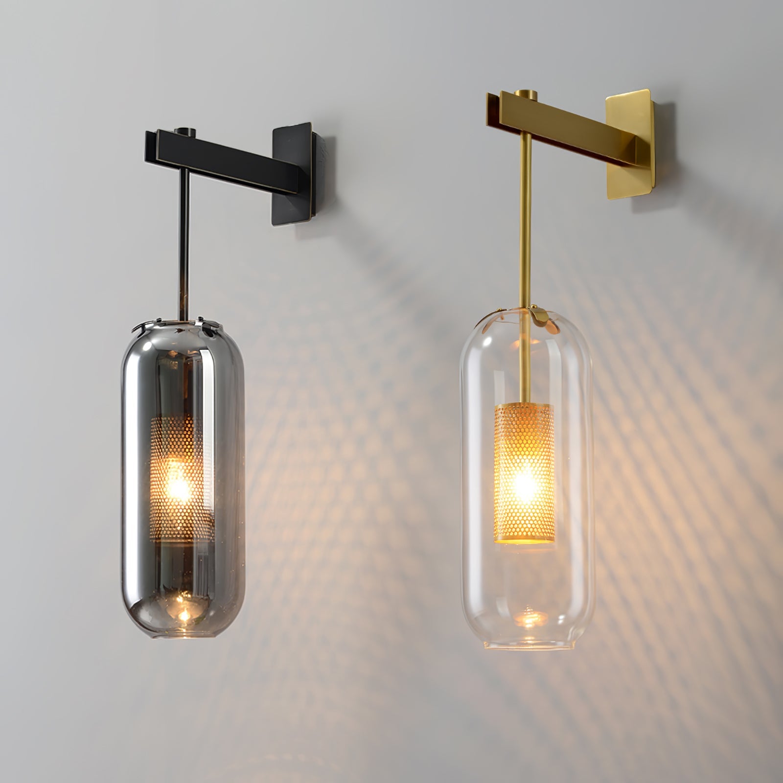 Glass wall lamp with metal arm shown in an elegant living space