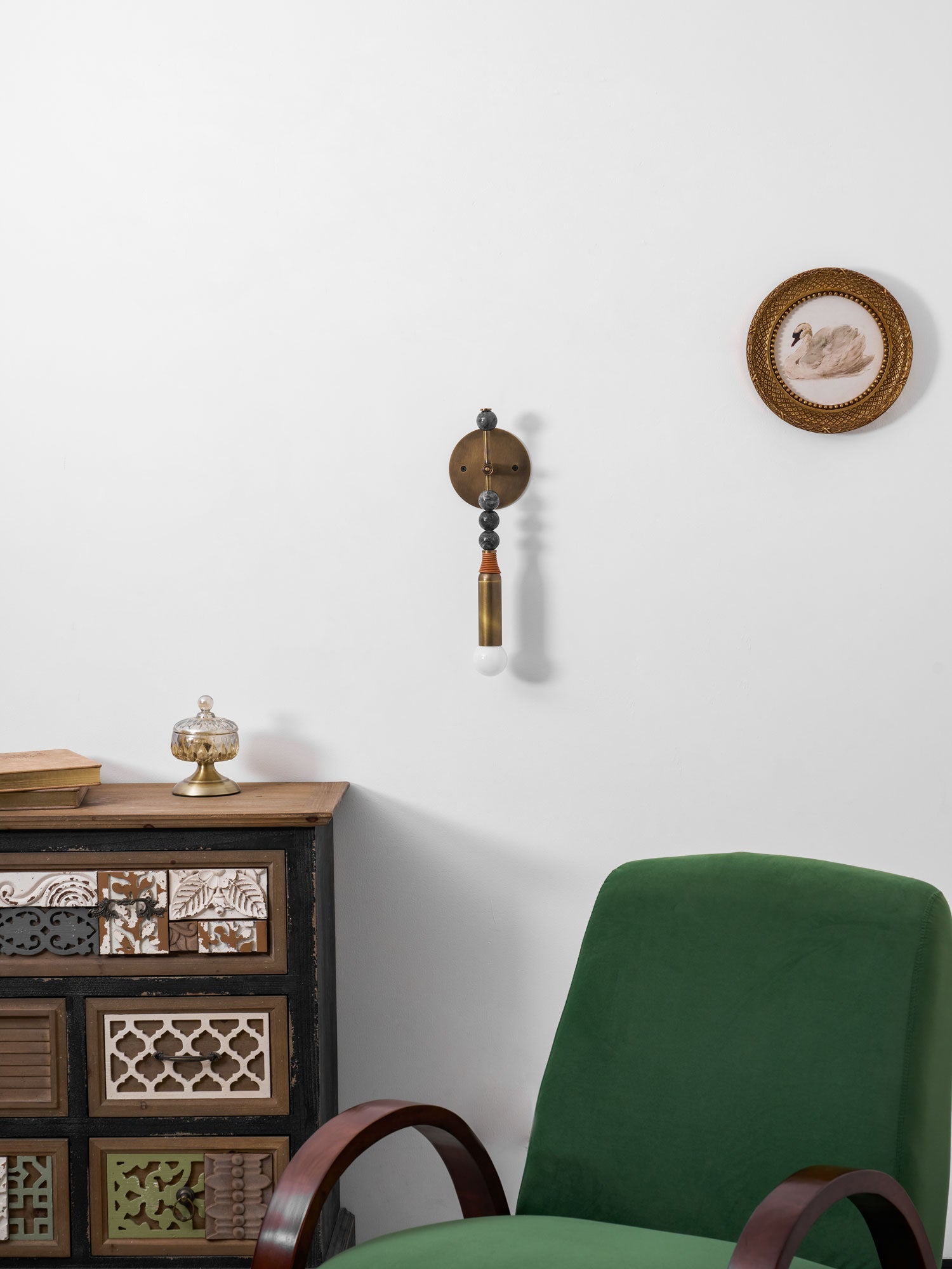 Toam Wall Lamp, Antique Brass and Marble or Jasper, Warm Sconce