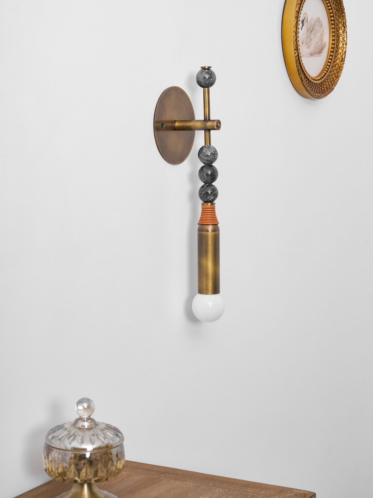 Toam Wall Lamp, Antique Brass and Marble or Jasper, Warm Sconce
