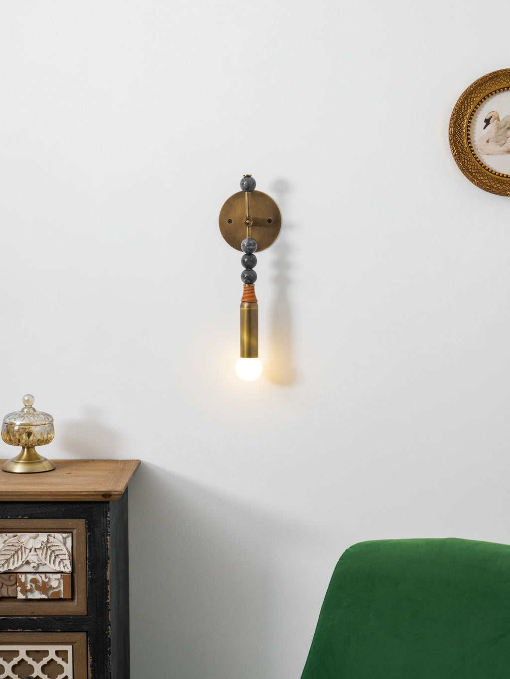 Toam Wall Lamp, Antique Brass and Marble or Jasper, Warm Sconce