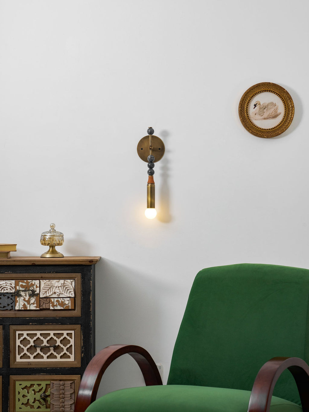 Toam Wall Lamp, Antique Brass and Marble or Jasper, Warm Sconce