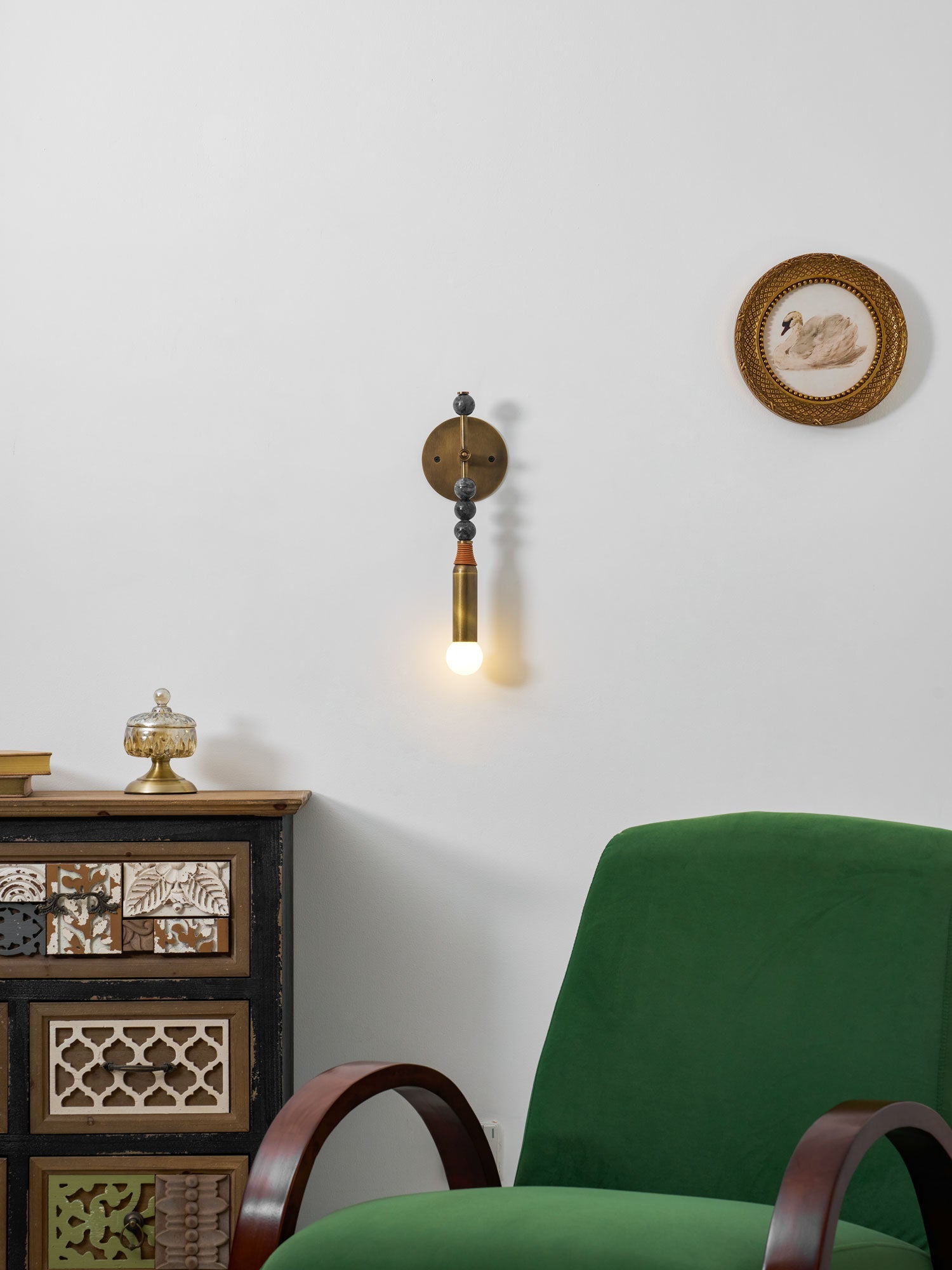 Toam Wall Lamp, Antique Brass and Marble or Jasper, Warm Sconce