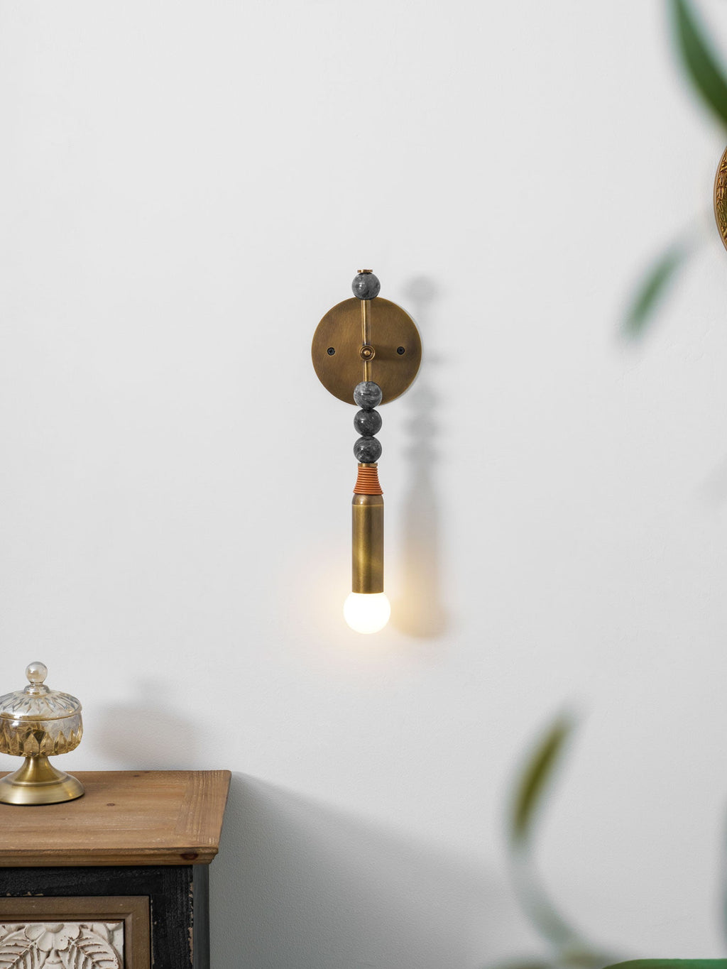 Toam Wall Lamp, Antique Brass and Marble or Jasper, Warm Sconce