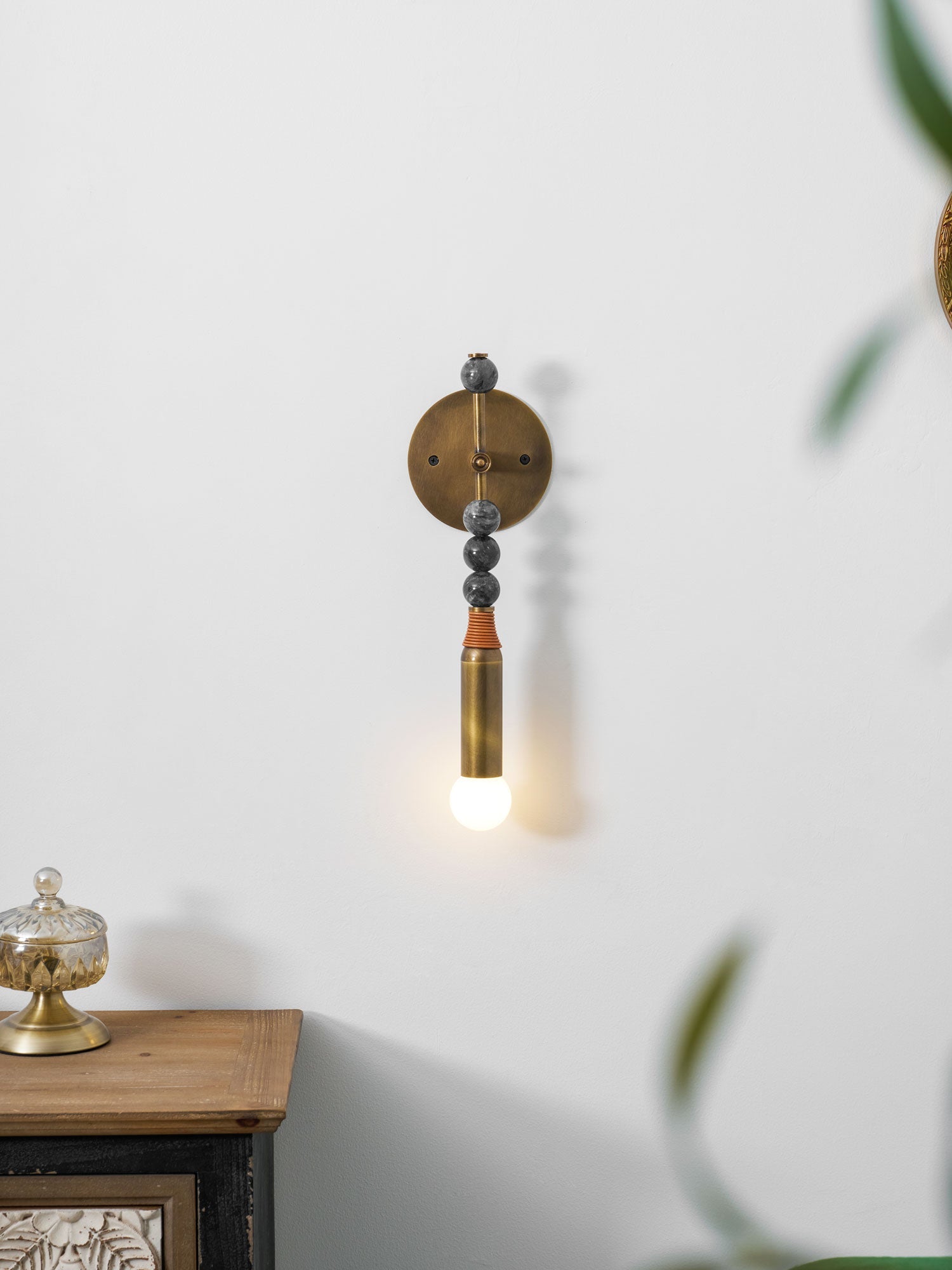 Toam Wall Lamp, Antique Brass and Marble or Jasper, Warm Sconce
