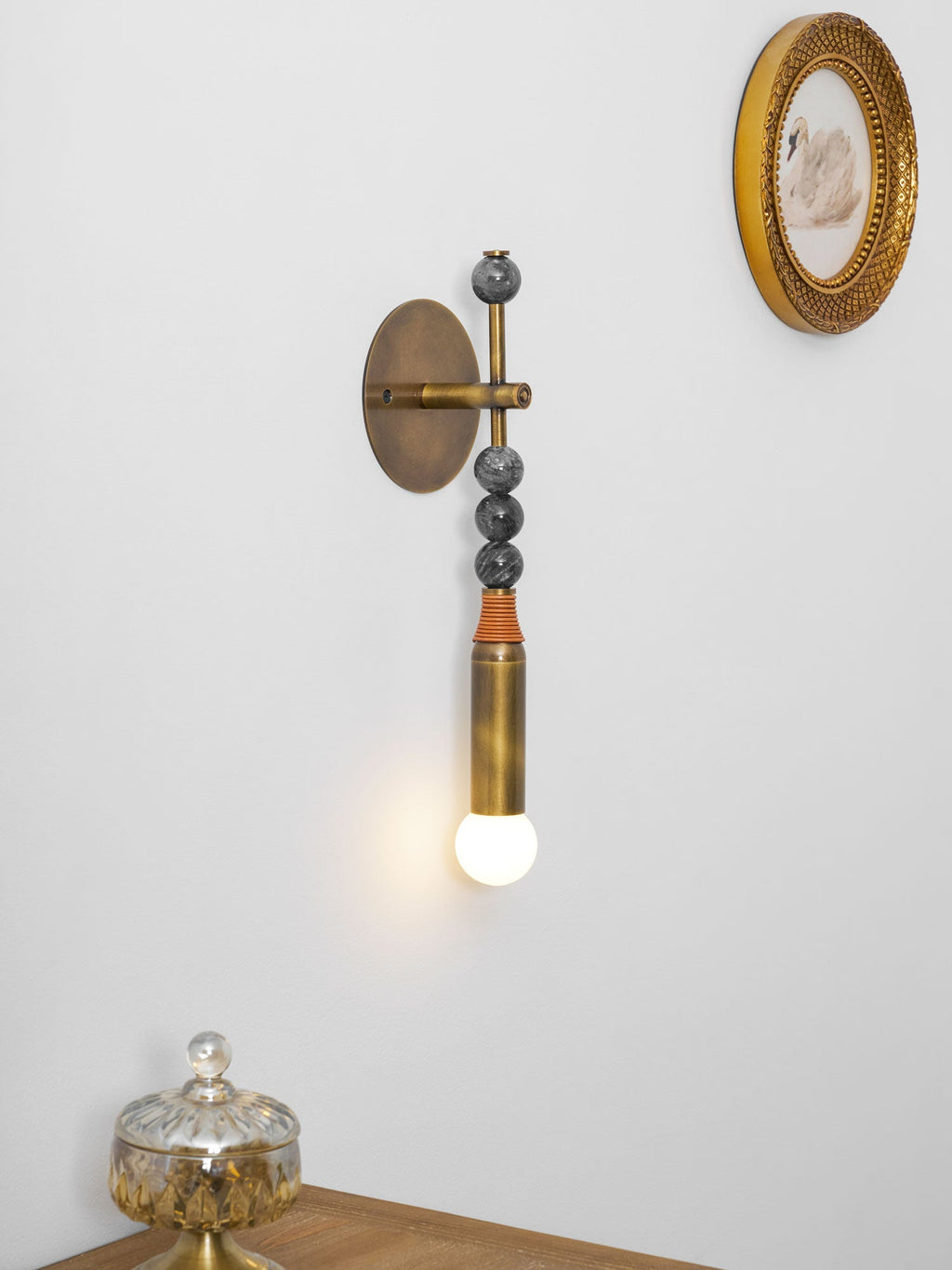 Toam Wall Lamp, Antique Brass and Marble or Jasper, Warm Sconce