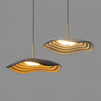 Disc pendant light shown in detail against a pale wall