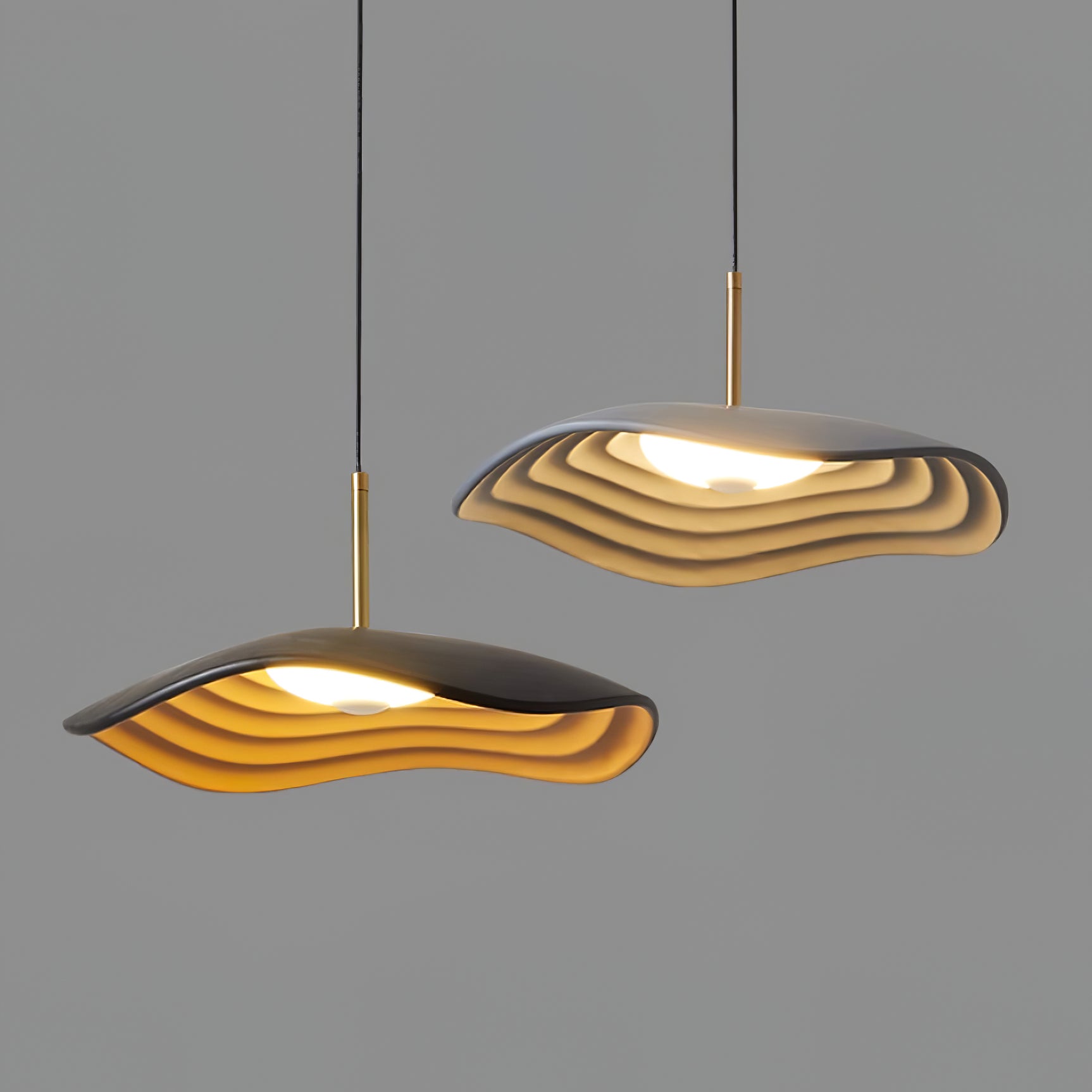 Disc pendant light shown in detail against a pale wall