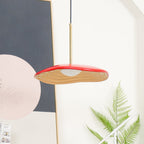 Disc pendant light suspended above a modern dining table