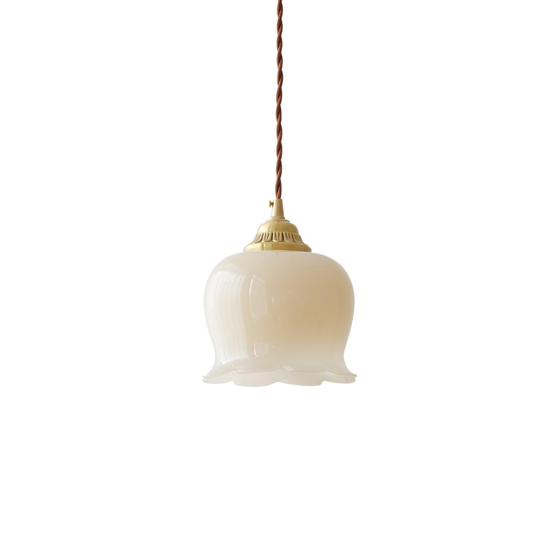 Brass flower pendant light with petal shade shown in full