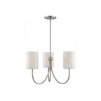 Studio shot of this Clérachic chandelier in satin nickel finish, three alabaster shades on curved arms, against white.