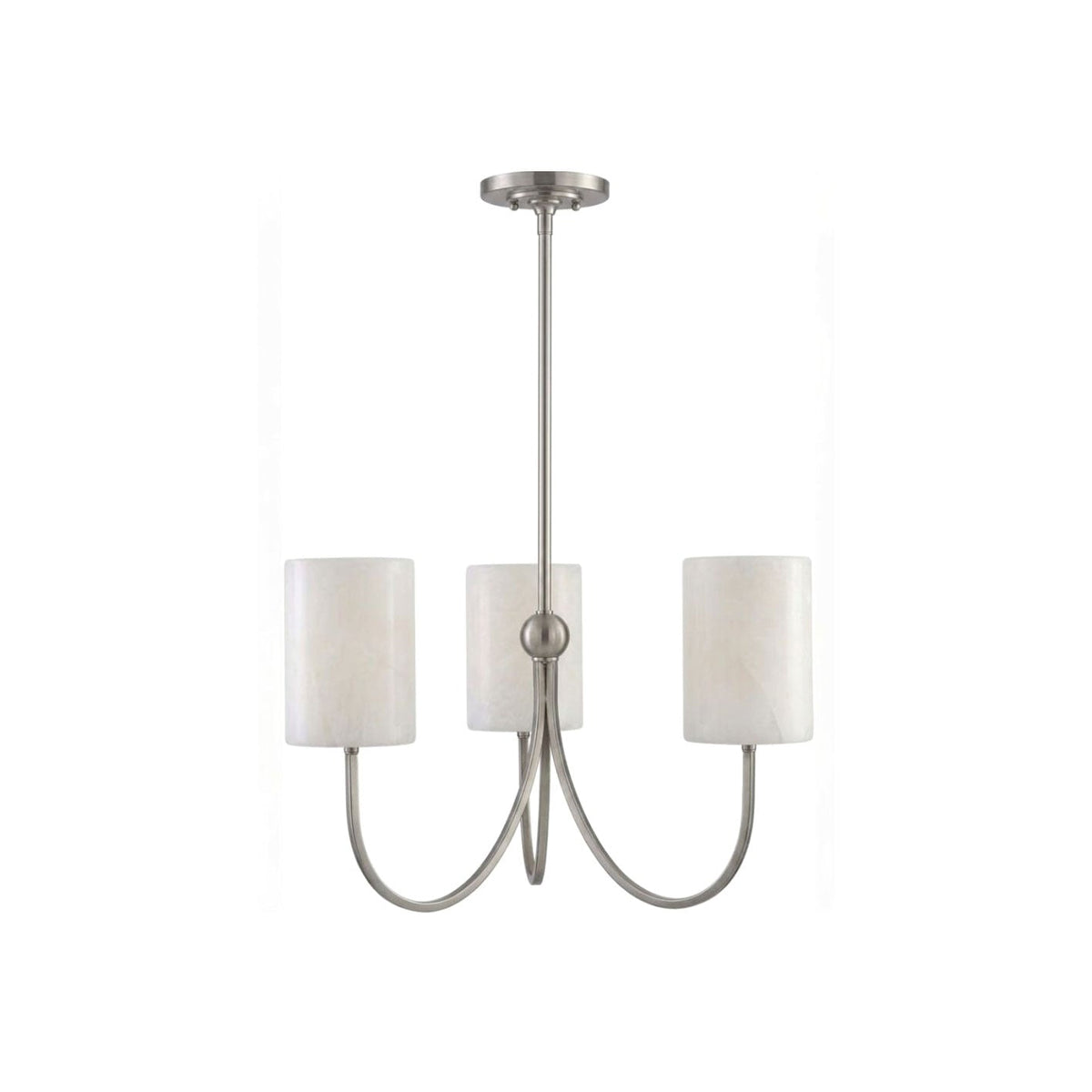 Studio shot of this Clérachic chandelier in satin nickel finish, three alabaster shades on curved arms, against white.