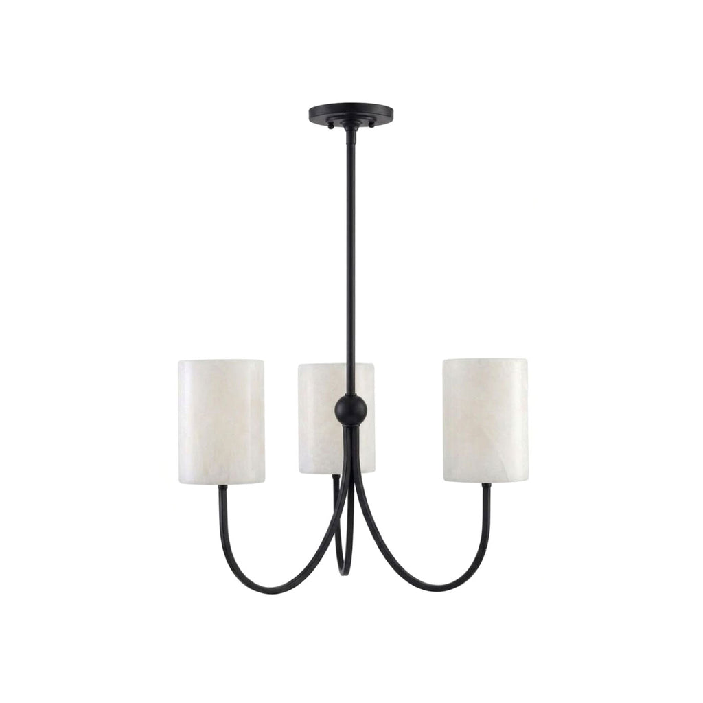 Studio shot of this Clérachic chandelier in matte black finish, three alabaster shades on curved arms, against white.