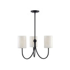 Studio shot of this Clérachic chandelier in matte black finish, three alabaster shades on curved arms, against white.