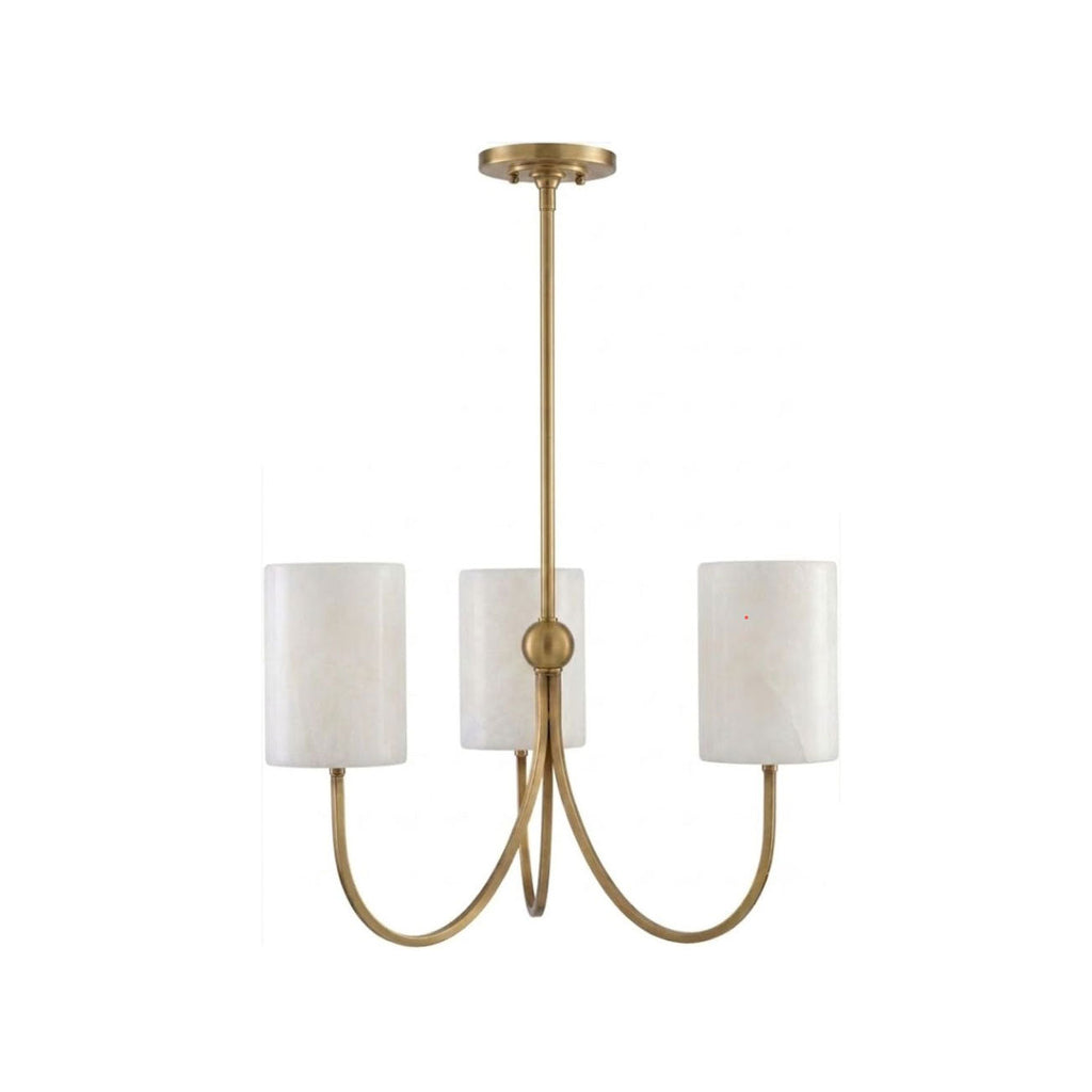 A straight-on view of this Clérachic chandelier in brass finish, showing its ceiling canopy and three curved arms.