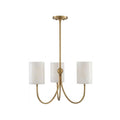 A straight-on view of this Clérachic chandelier in brass finish, showing its ceiling canopy and three curved arms.