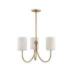 A straight-on view of this Clérachic chandelier in brass finish, showing its ceiling canopy and three curved arms.