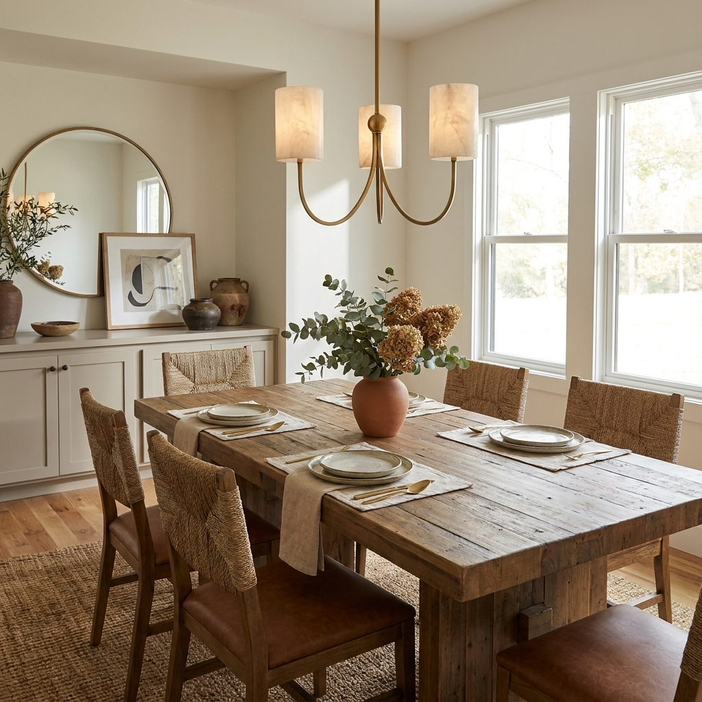 Between two tall windows, this Clérachic chandelier in brass finish lights a dining nook with a rustic wood table.