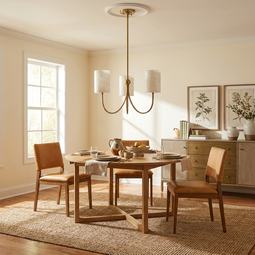 Set over a round dining table beside a wood sideboard, this Clérachic chandelier hangs in a brass finish.