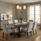 This Clérachic chandelier in satin nickel finish hangs above a dark wood table with grey upholstered dining chairs.