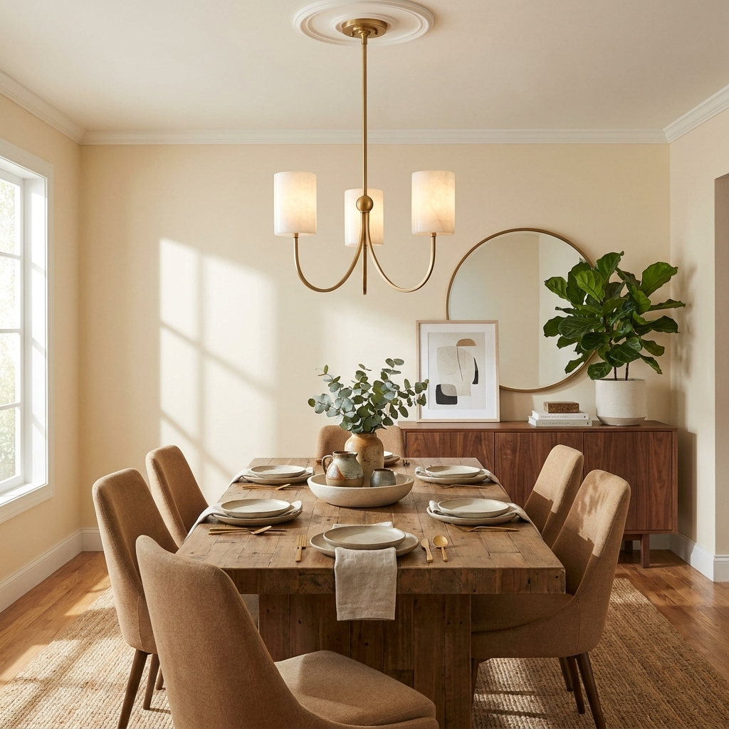This Clérachic chandelier in brass finish is suspended over a wood dining table, a round mirror on the wall behind it.