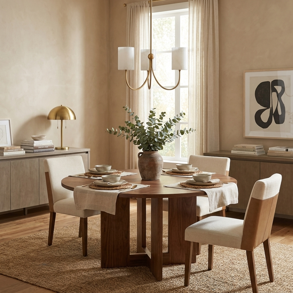 Beneath a black abstract print, this Clérachic chandelier in brass finish hangs over a round dining table.
