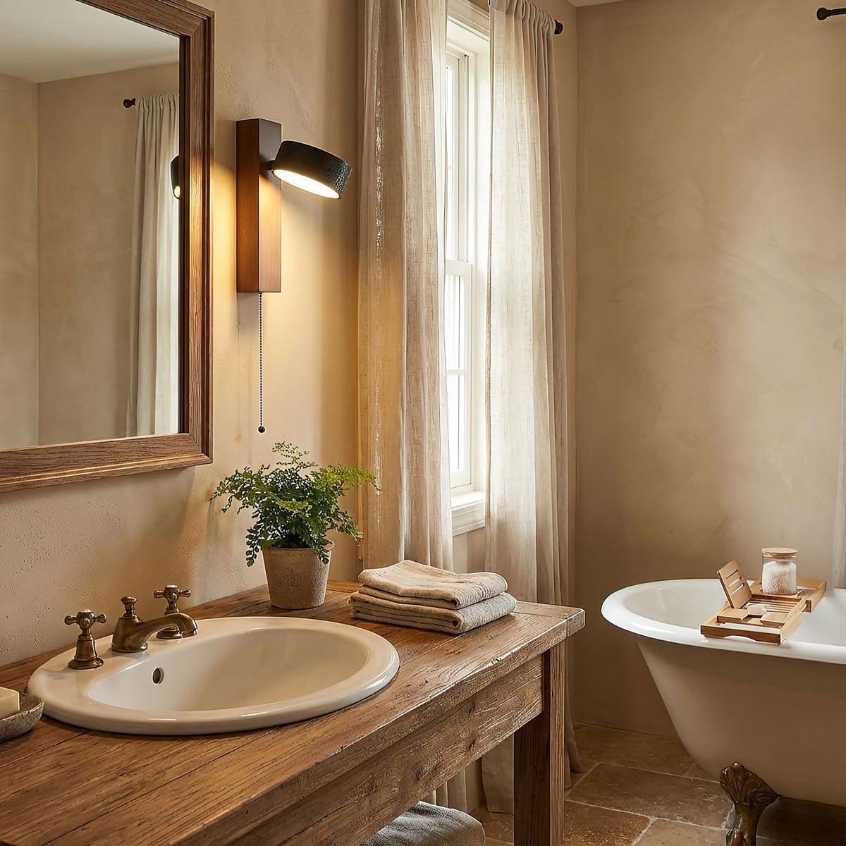 Mounted above a bathroom vanity with a potted fern and a clawfoot tub in view, this Clérachic wall light glows warm.