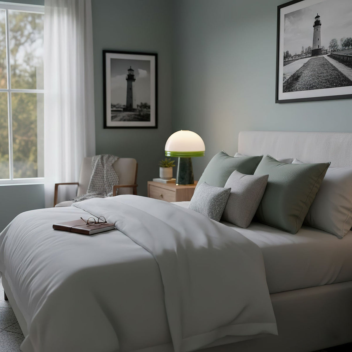 A Clérachic dome lamp lights a nightstand beside a pale grey bed, under a framed black-and-white photograph.