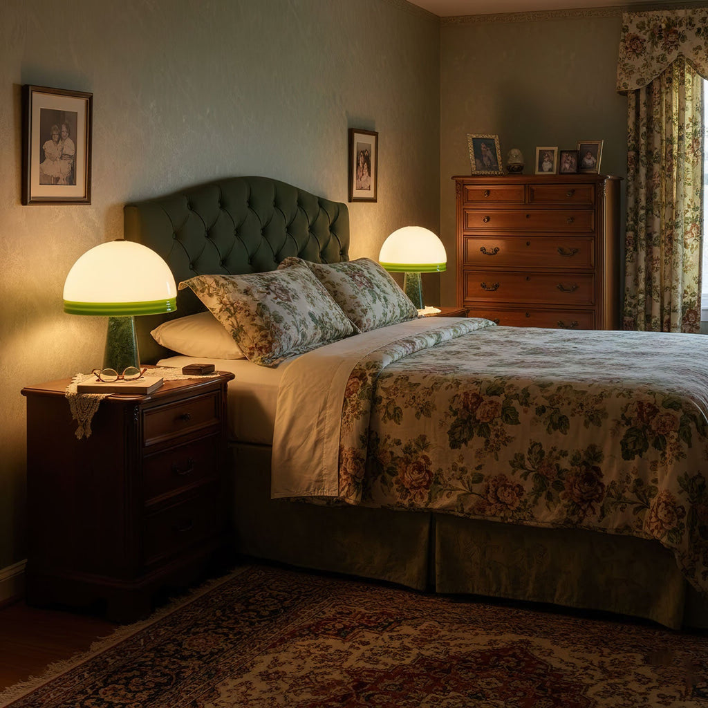 Two Clérachic dome table lamps lit on matching nightstands flanking a bed with a tufted green headboard and floral bedspread.