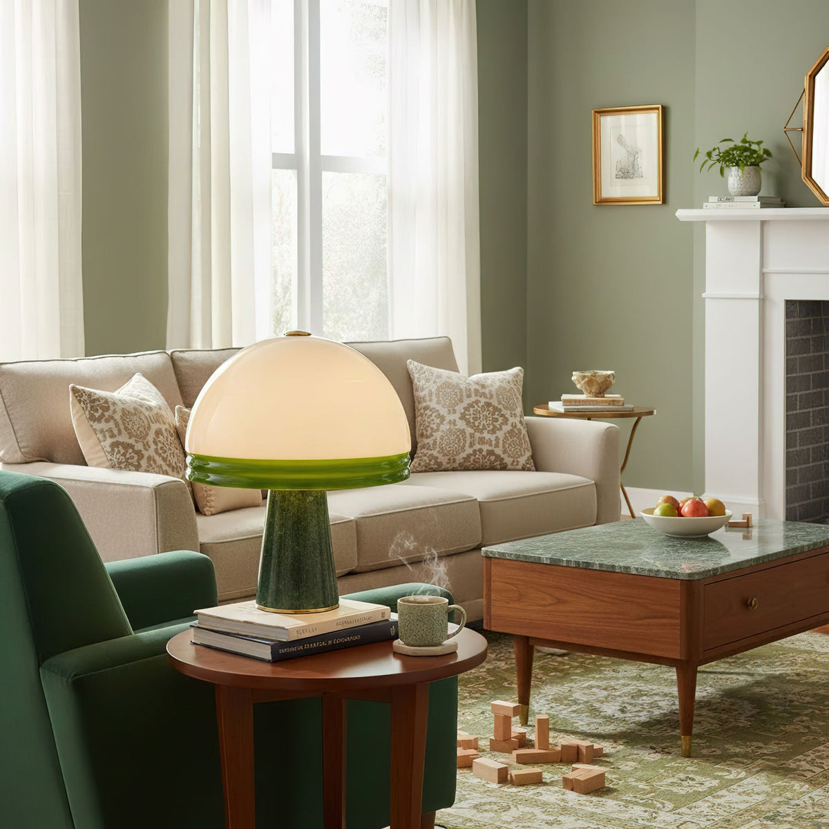 Clérachic dome table lamp lit on a round side table in a living room with a green sofa and a white fireplace mantel.