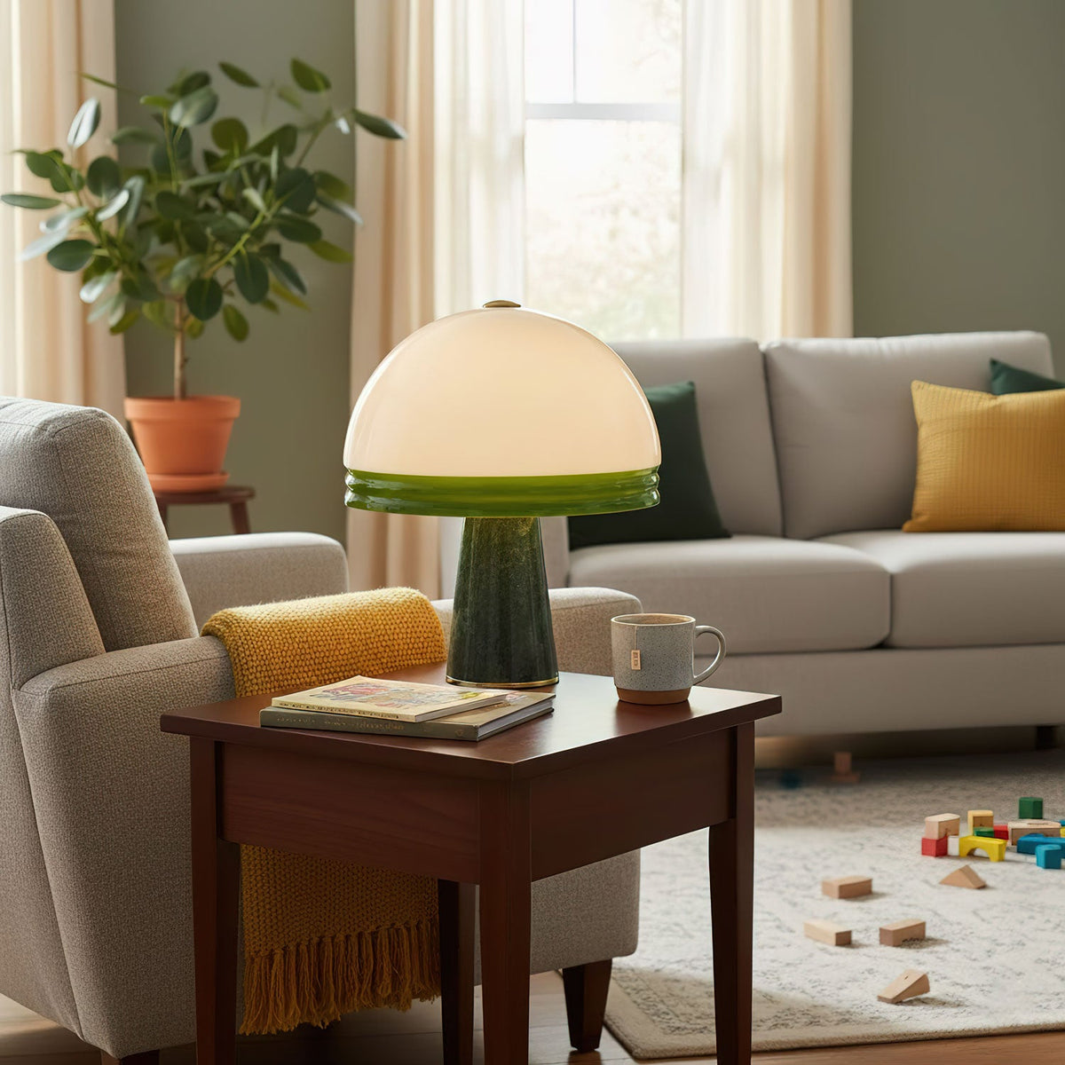 Clérachic dome table lamp lit on a wooden side table beside a beige sofa, with yellow cushions and a potted plant nearby.